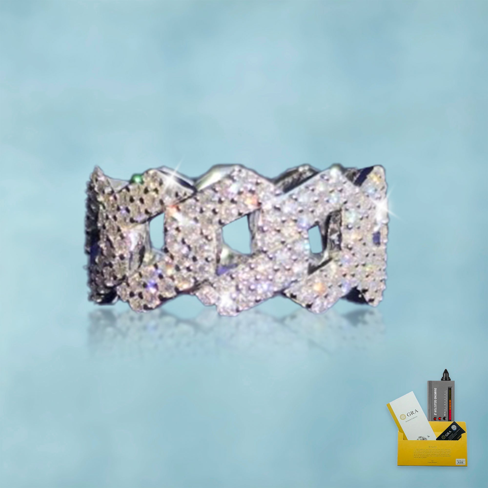 Anillo Ice Cubana Prong VVS Moissanite + Plata 925 Oro Blanco