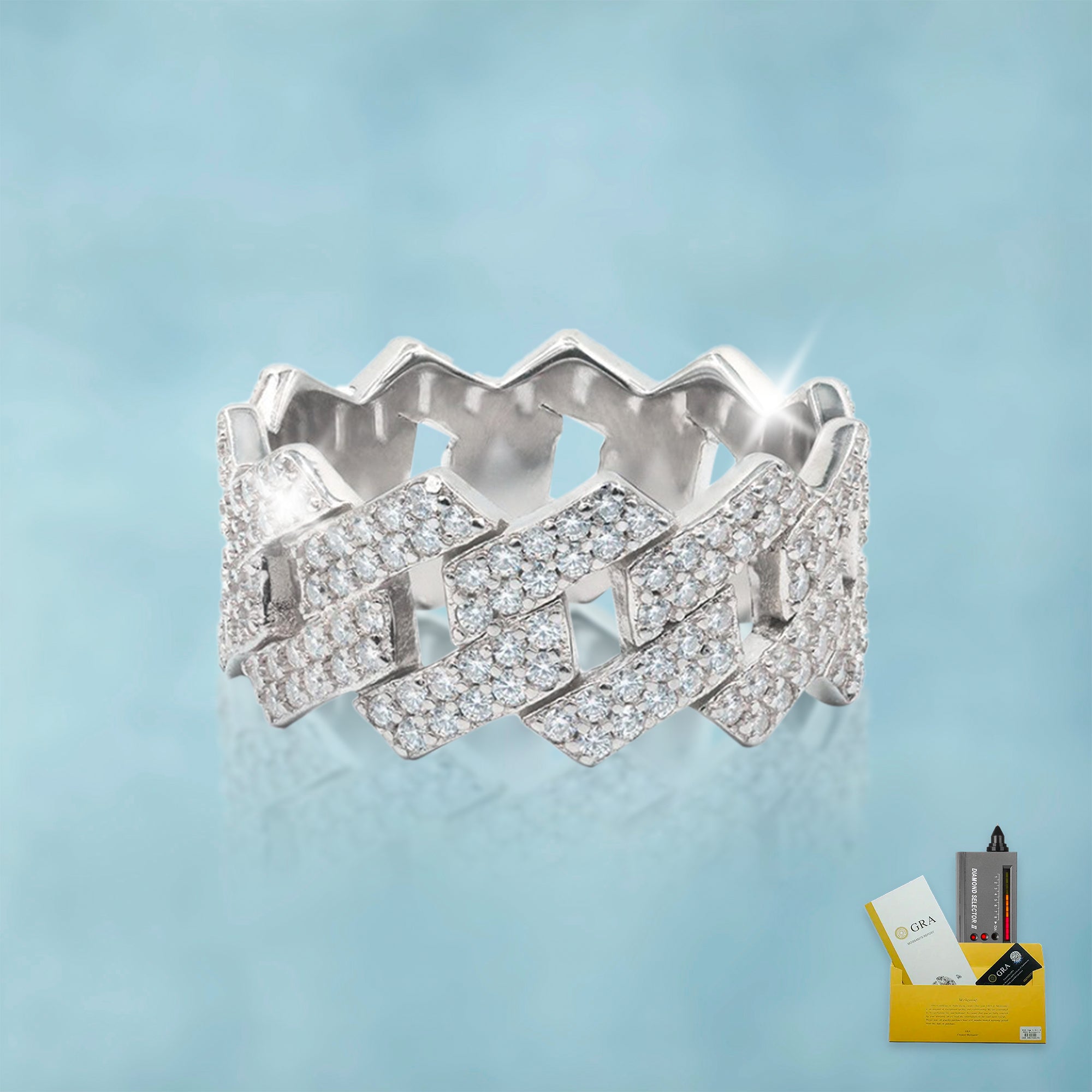 Anillo Ice Cubana Prong VVS Moissanite + Plata 925 Oro Blanco