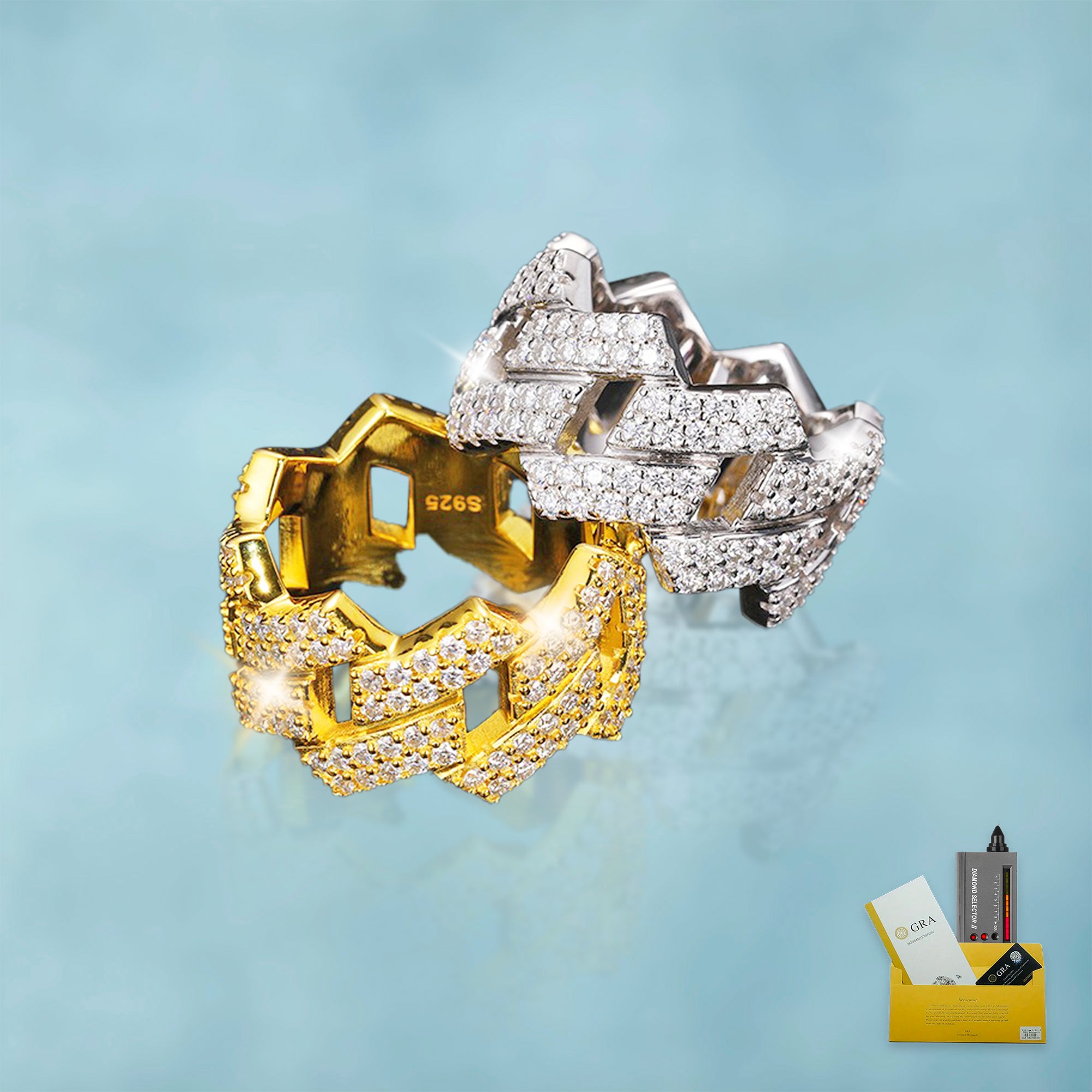 Anillo Ice Cubana Prong VVS Moissanite + Plata 925 Oro Blanco