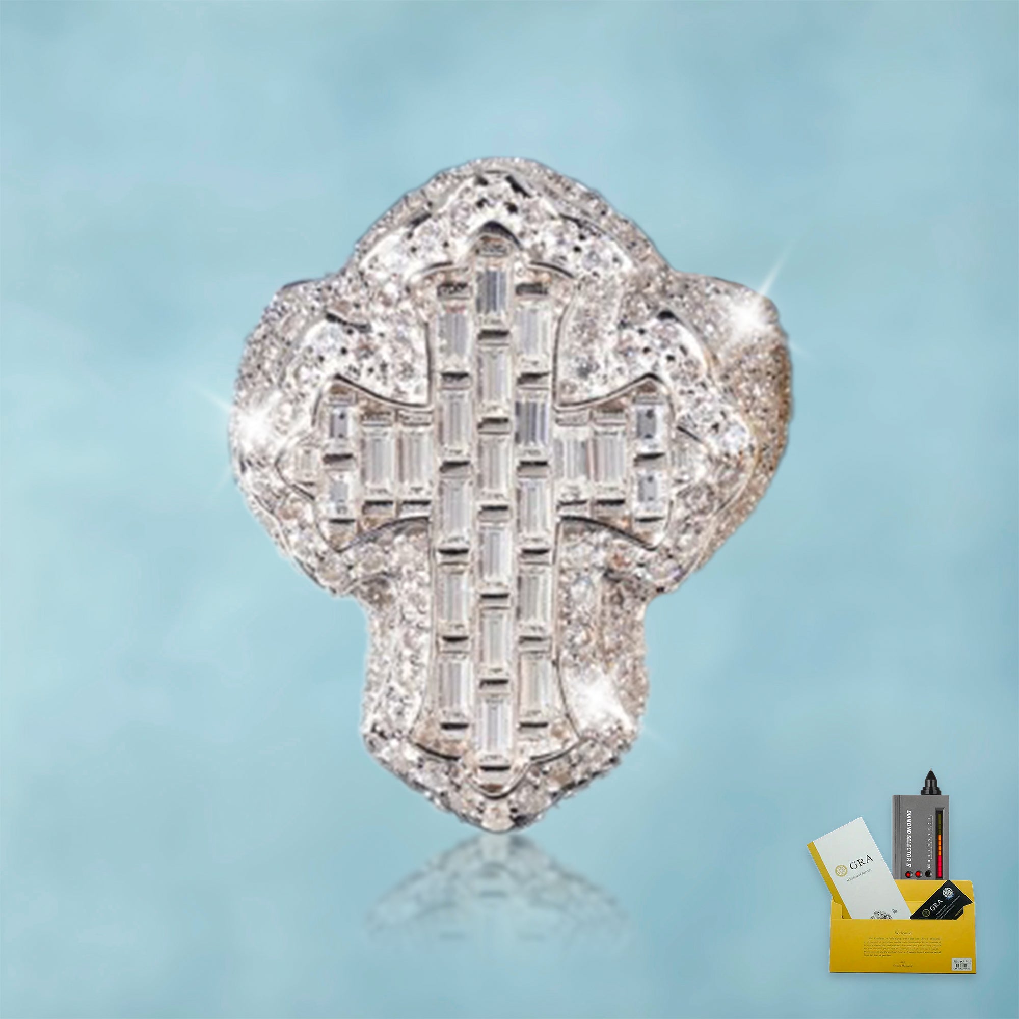 Anillo Cruz Celta Baguettes VVS Moissanite + Plata 925 Oro Blanco