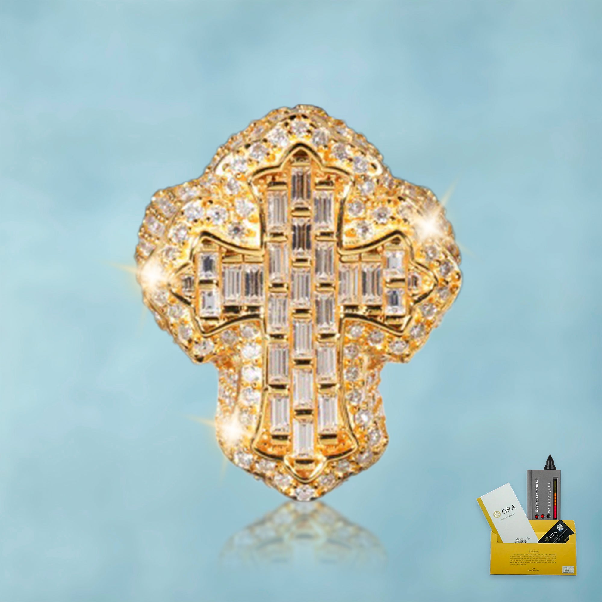 Anillo Cruz Celta Baguettes VVS Moissanite + Plata 925 Oro 18K