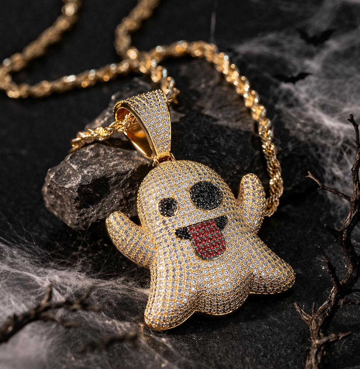 White Gold Ghost Emoji Pendant