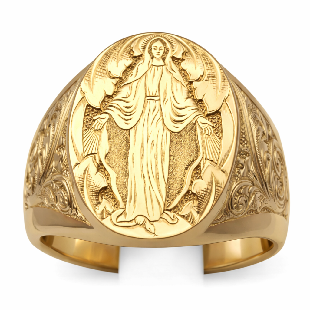 Anillo Sello Dorado con Imagen Religiosa en Relieve