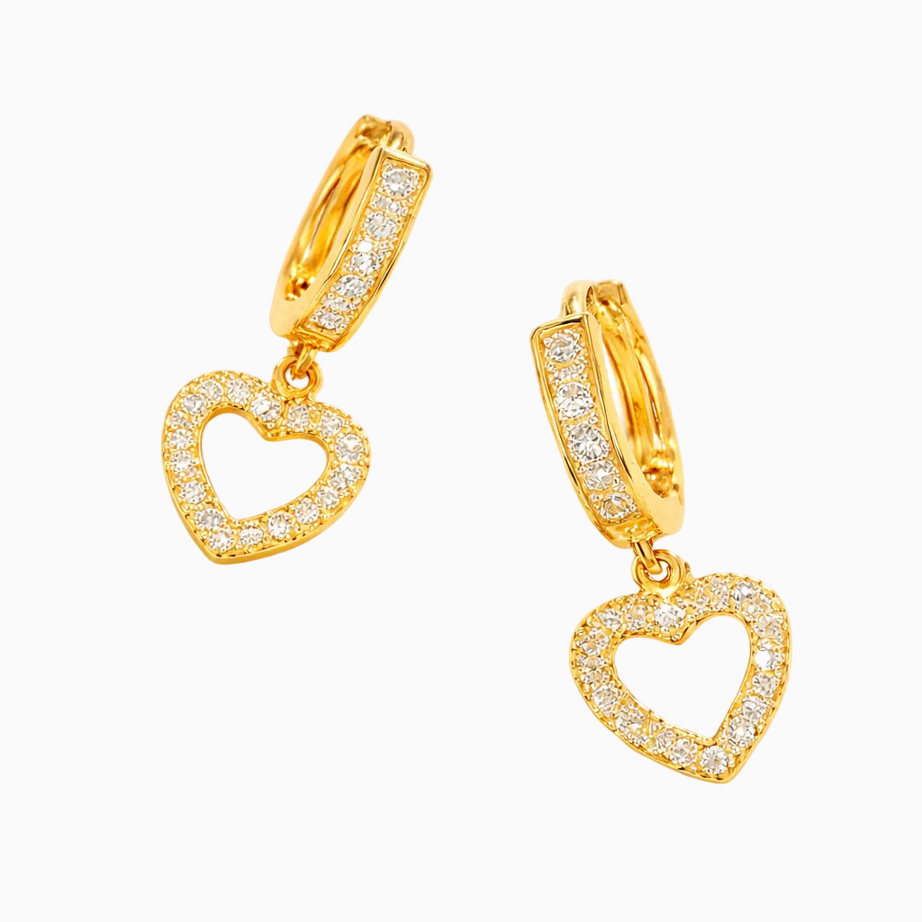 Pendientes Dorados con Corazón Colgante y Brillo