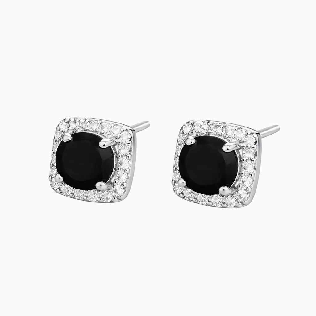 Pendientes Cuadrados en Oro Blanco con Ónix y Halo de Diamantes