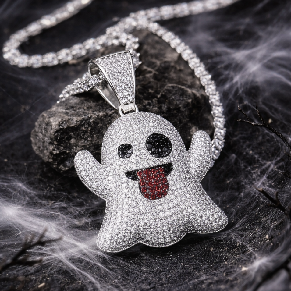 White Gold Ghost Emoji Pendant