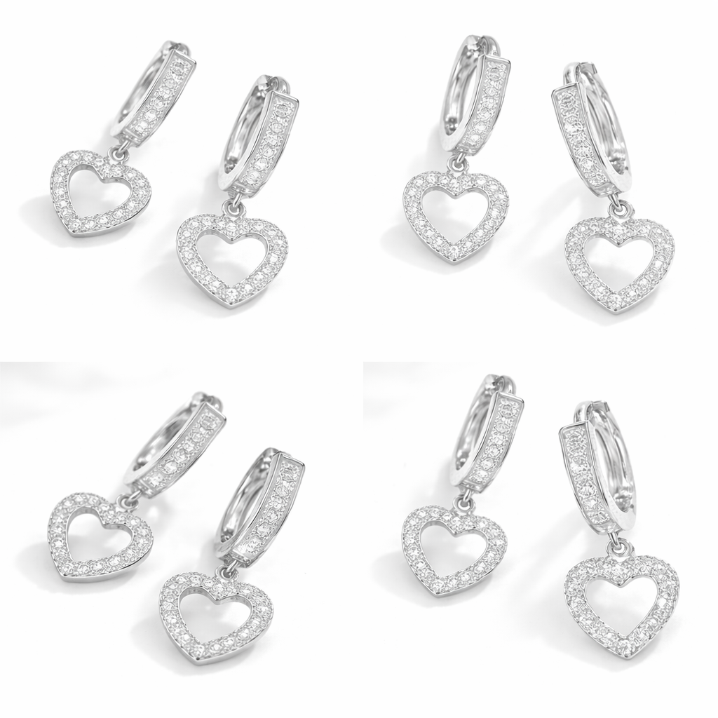 Pendientes Plateados con Corazón Colgante y Brillo