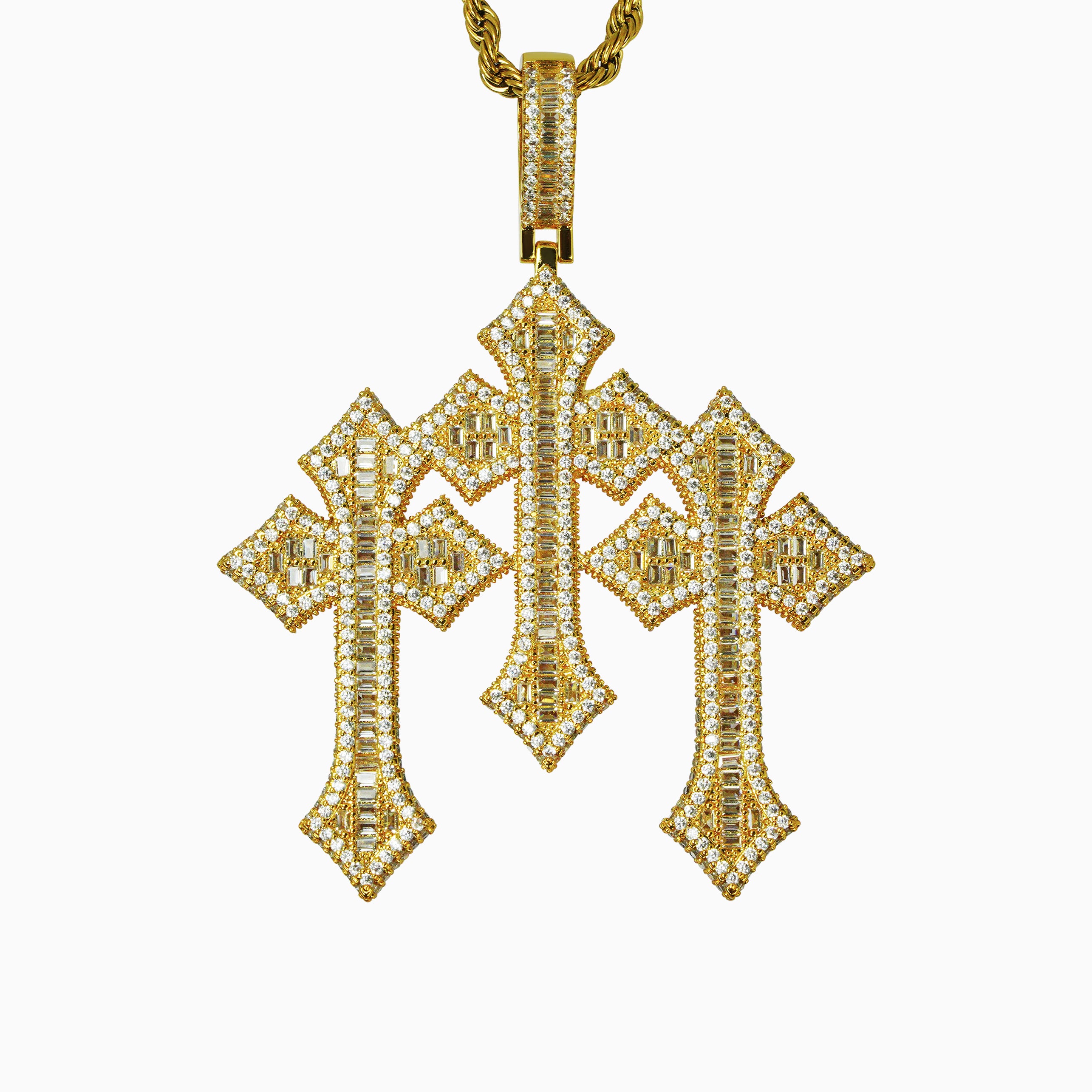 Colgante Cruz Triple Baguettes Oro 18K
