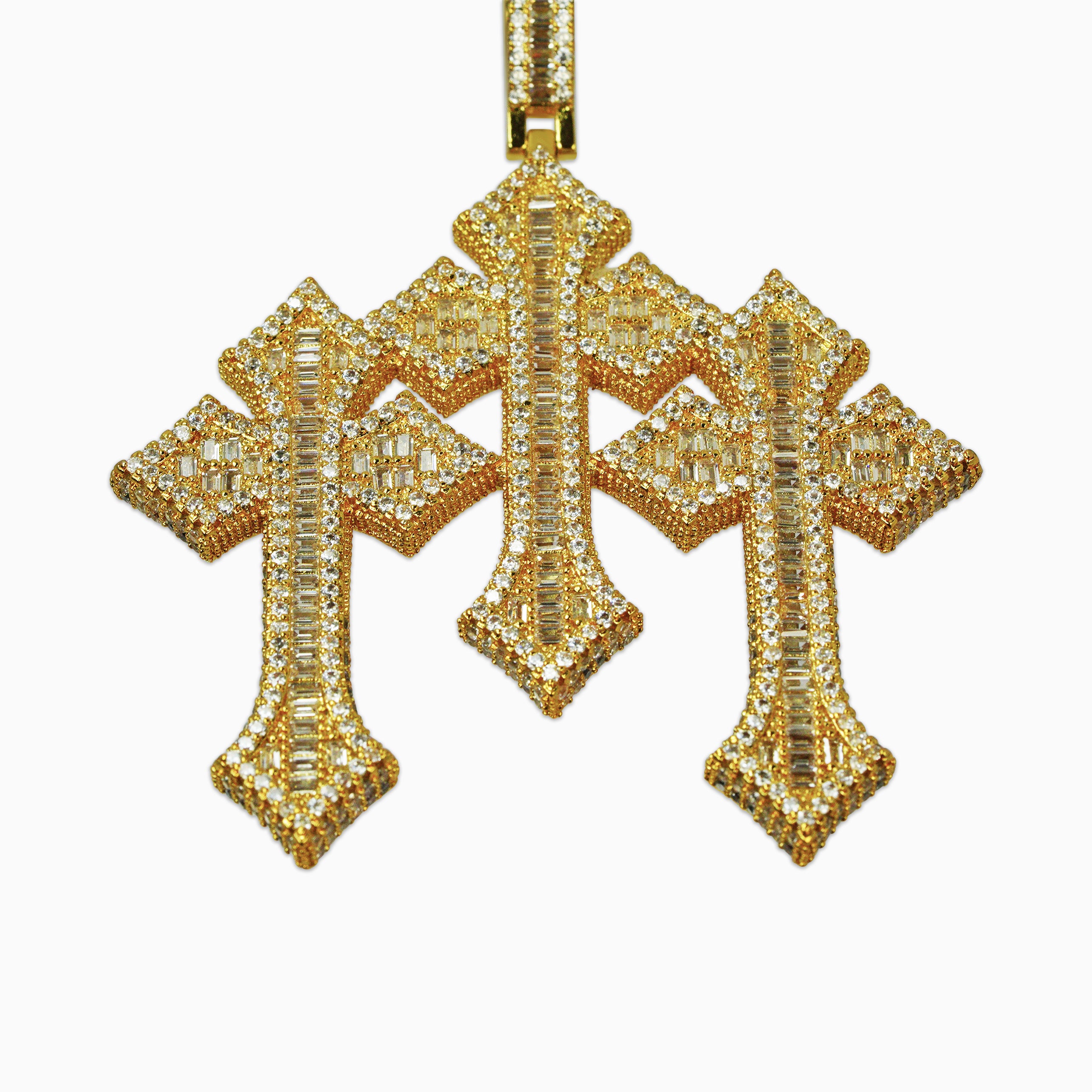 Colgante Cruz Triple Baguettes Oro 18K