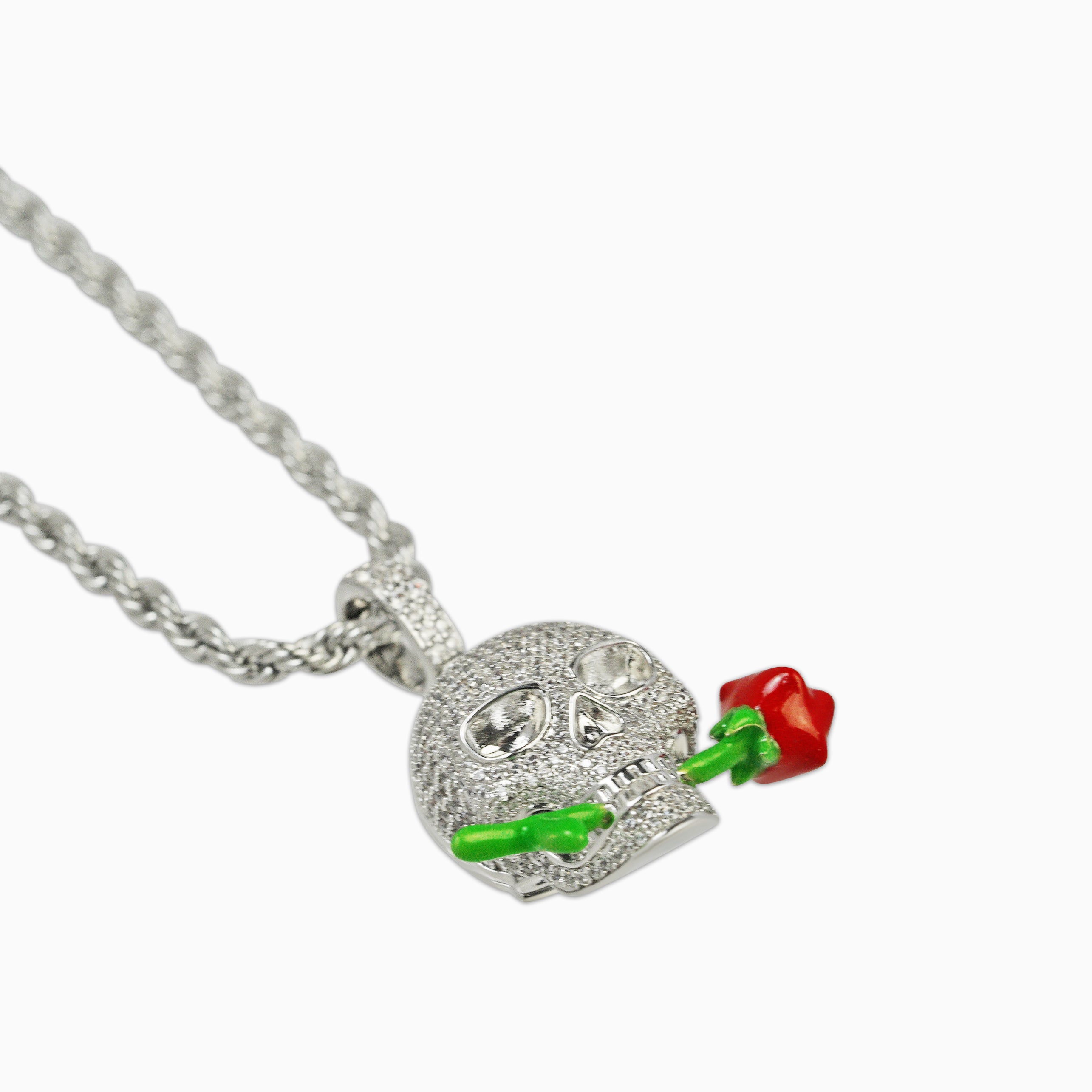 Luminous Rose Skull Pendant in White Gold