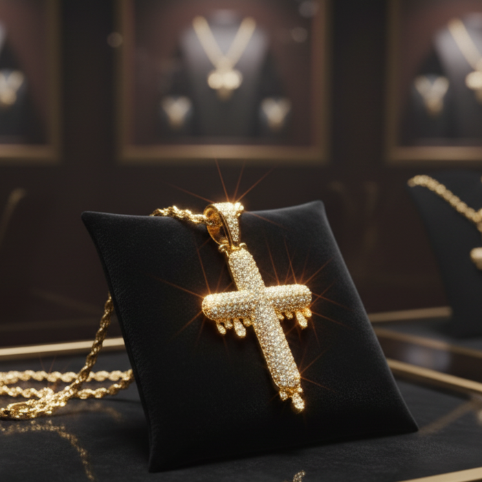 18K Gold Drip Cross Pendant
