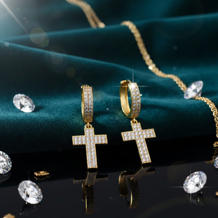 Pendientes Cruz Colgante Oro 18K