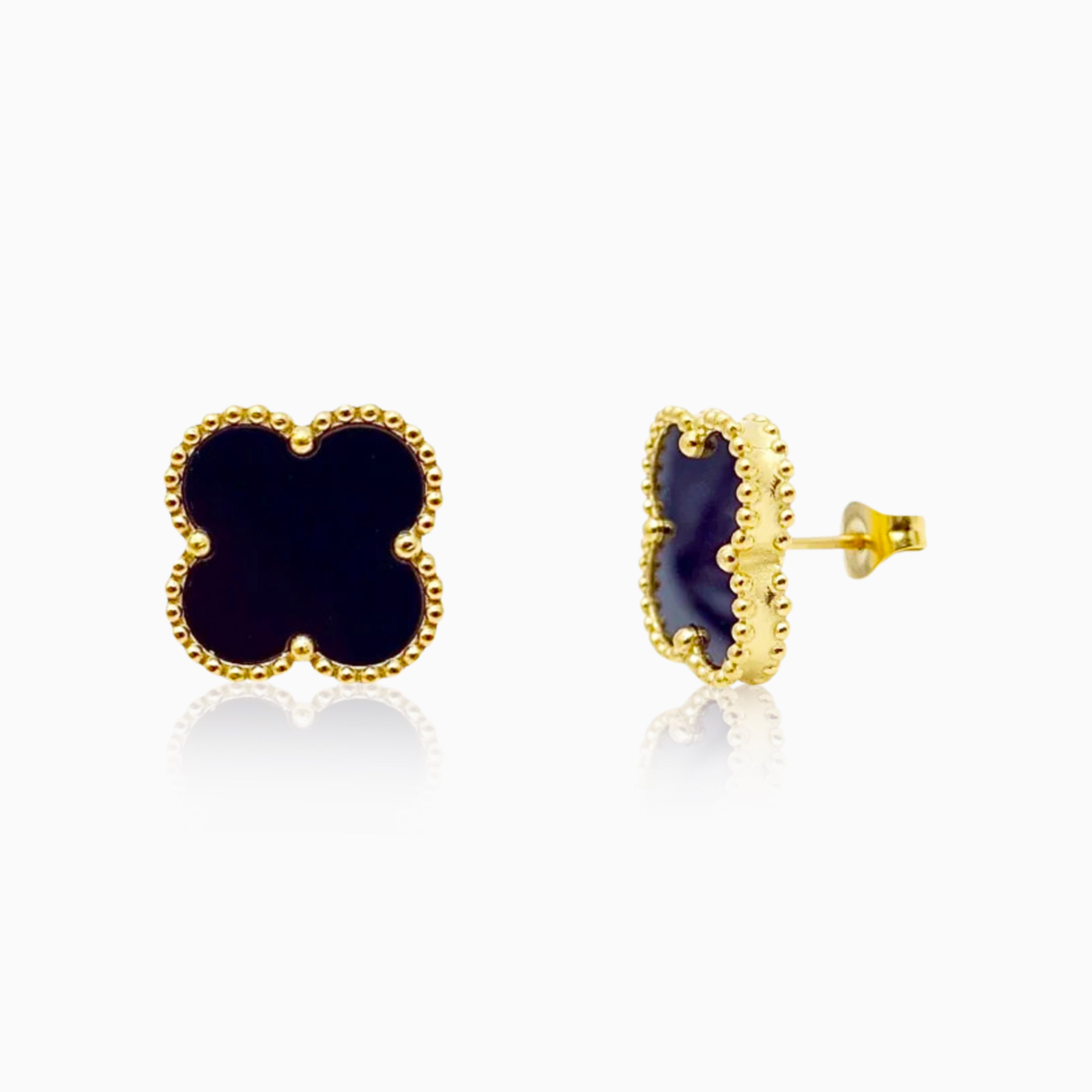 18K Gold Black Clover Earrings