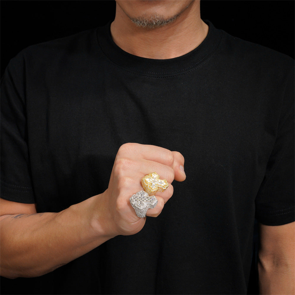 Anillo Cruz Celta Baguettes VVS Moissanite + Plata 925 Oro 18K