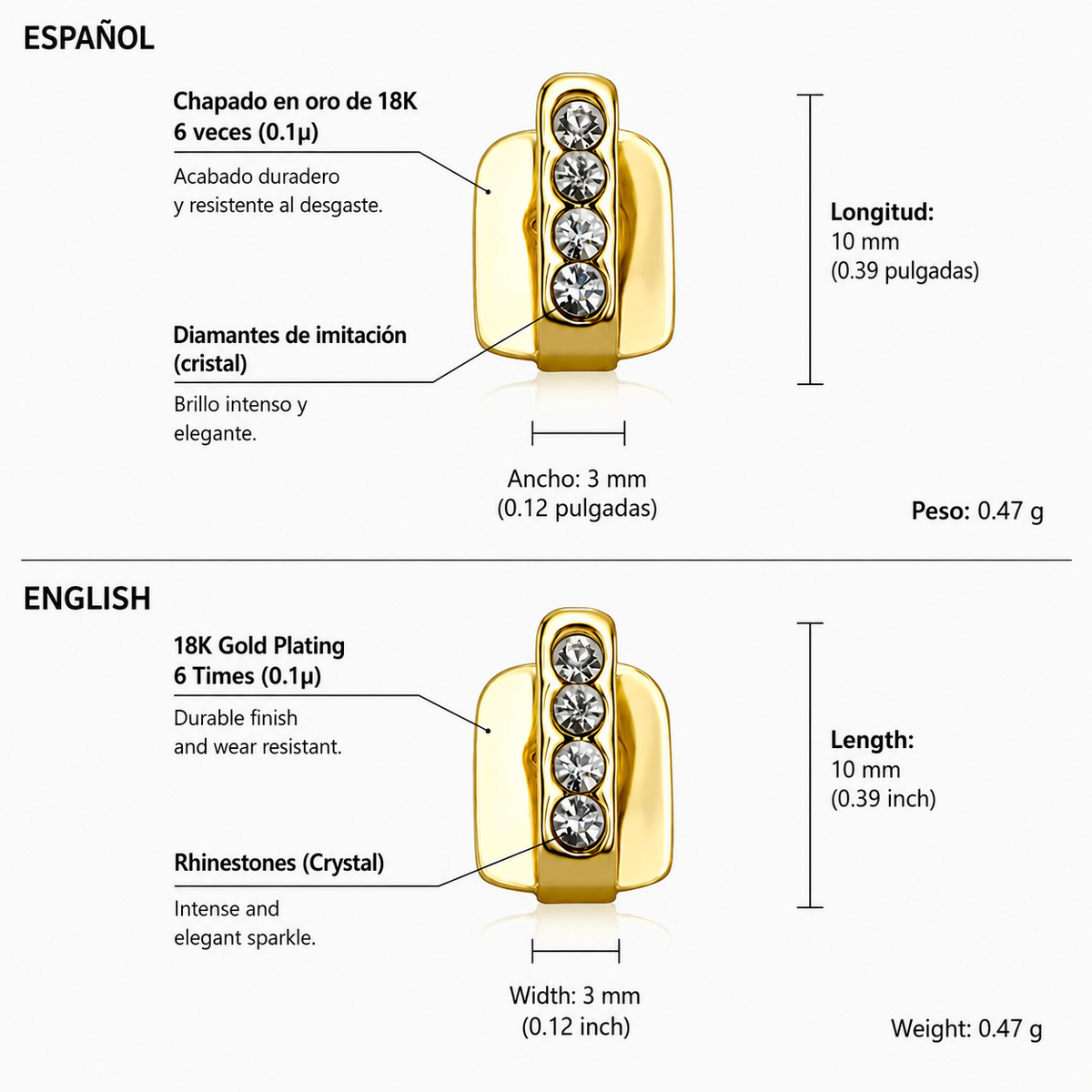 Medidas de los Gap Grillz Oro 18K