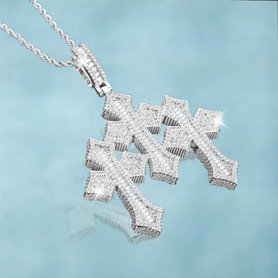 Triple Baguettes Cross Pendant in White Gold