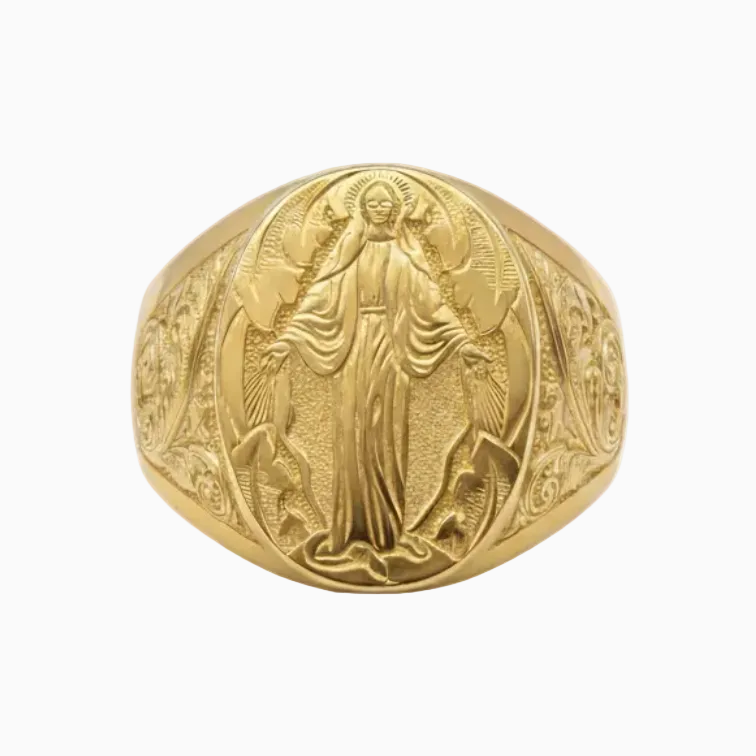 Anillo Sello Dorado con Imagen Religiosa en Relieve