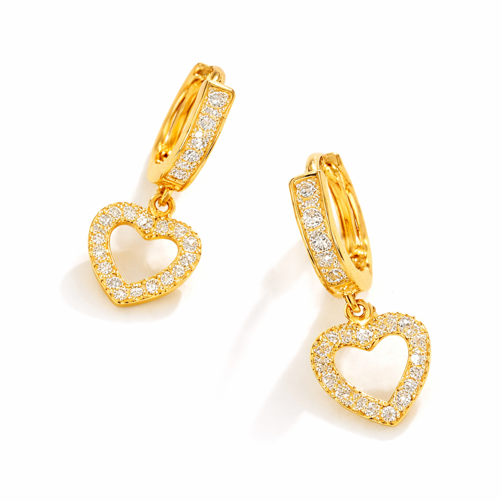 Pendientes Dorados con Corazón Colgante y Brillo