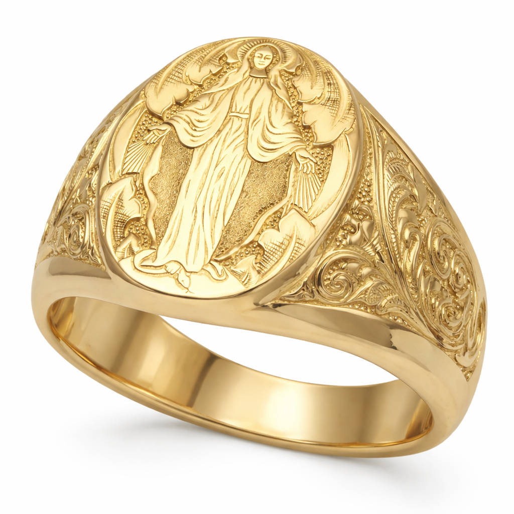Anillo Sello Dorado con Imagen Religiosa en Relieve