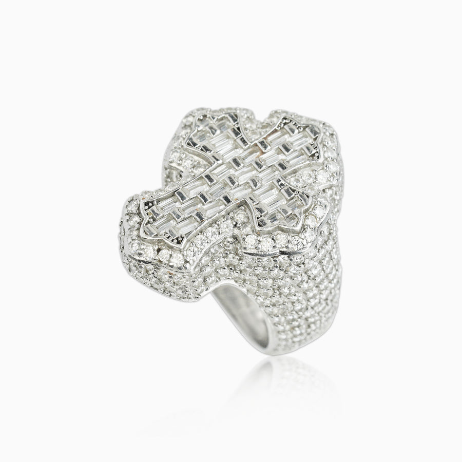 Anillo Ice Cruz Celta VVS Moissanite + Plata 925 Oro Blanco