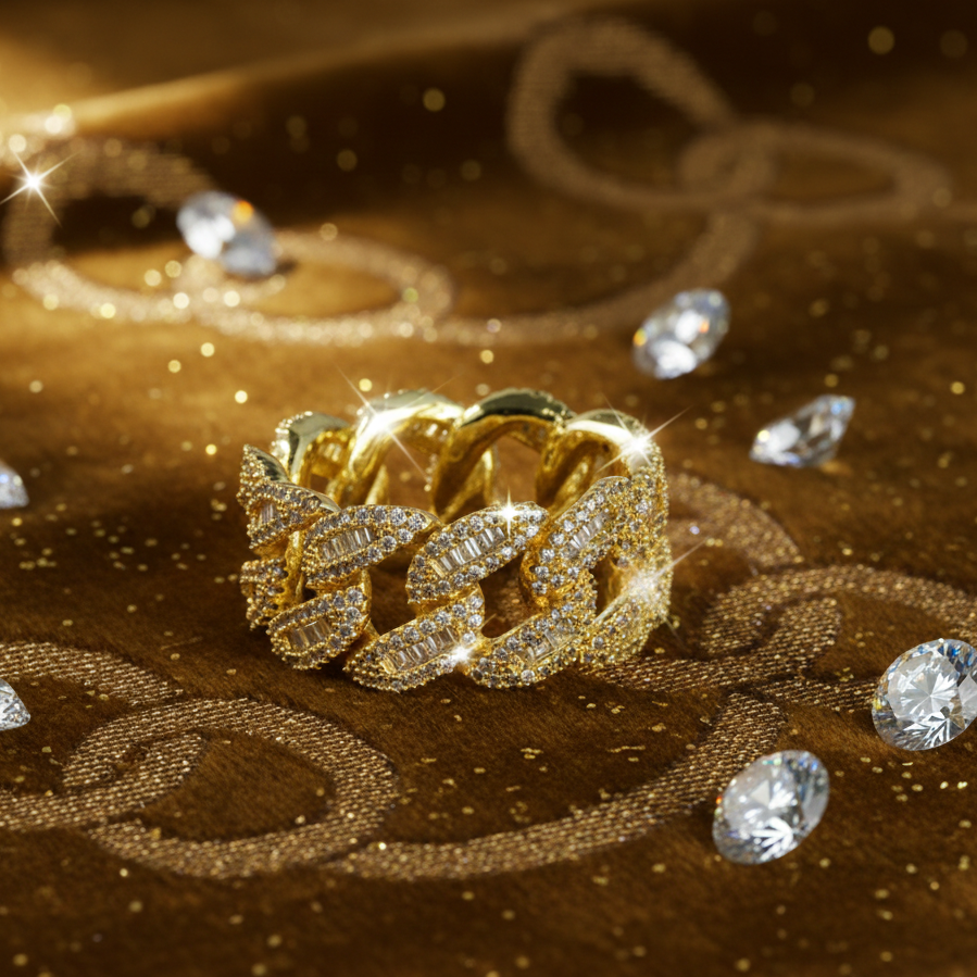 Anillo Ice Cubana Baguettes Oro 18k