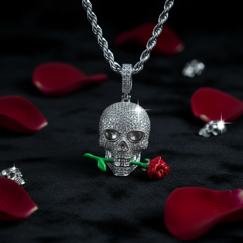 Luminous Rose Skull Pendant in White Gold