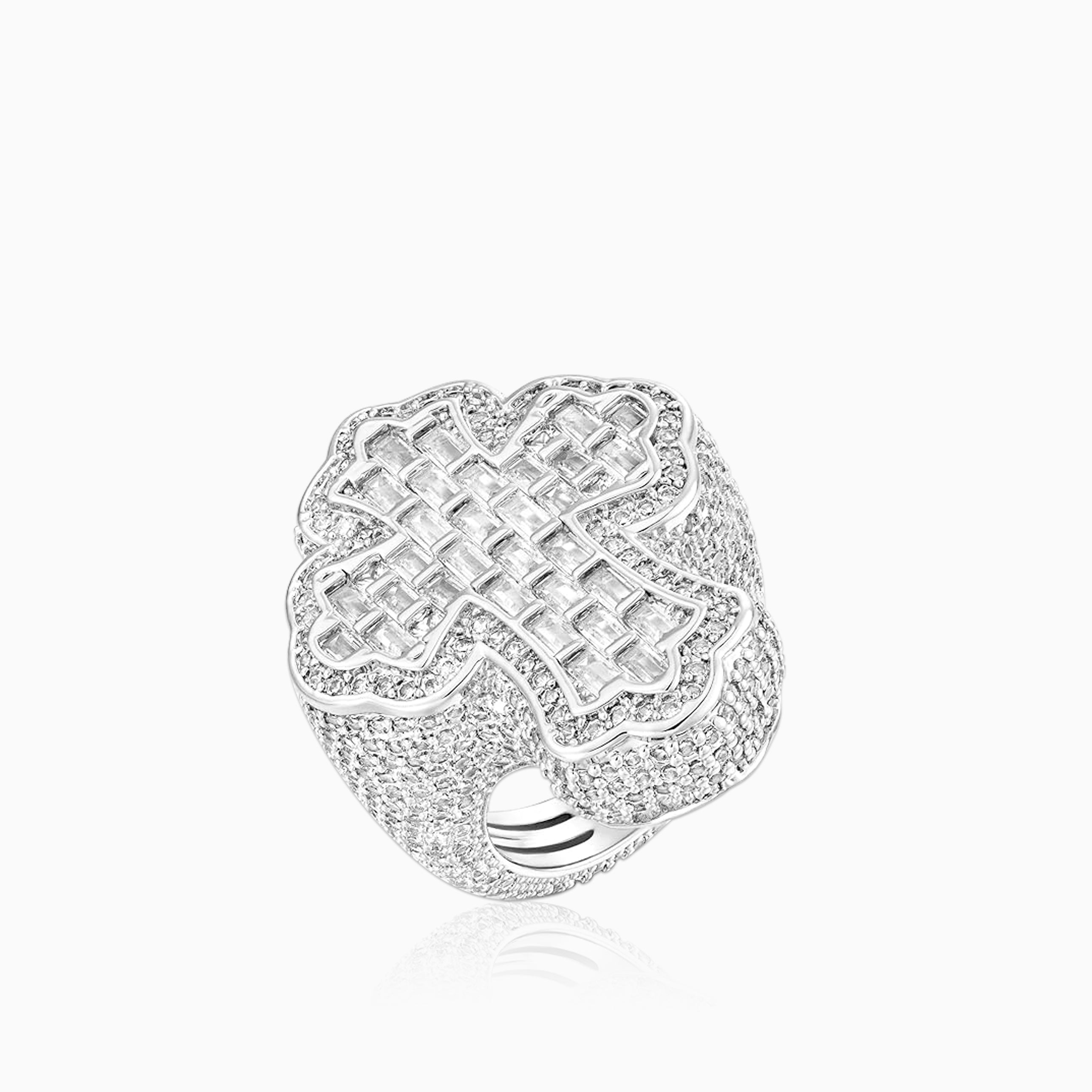 Celtic Cross Ring Baguettes VVS Moissanite + 925 Silver White Gold