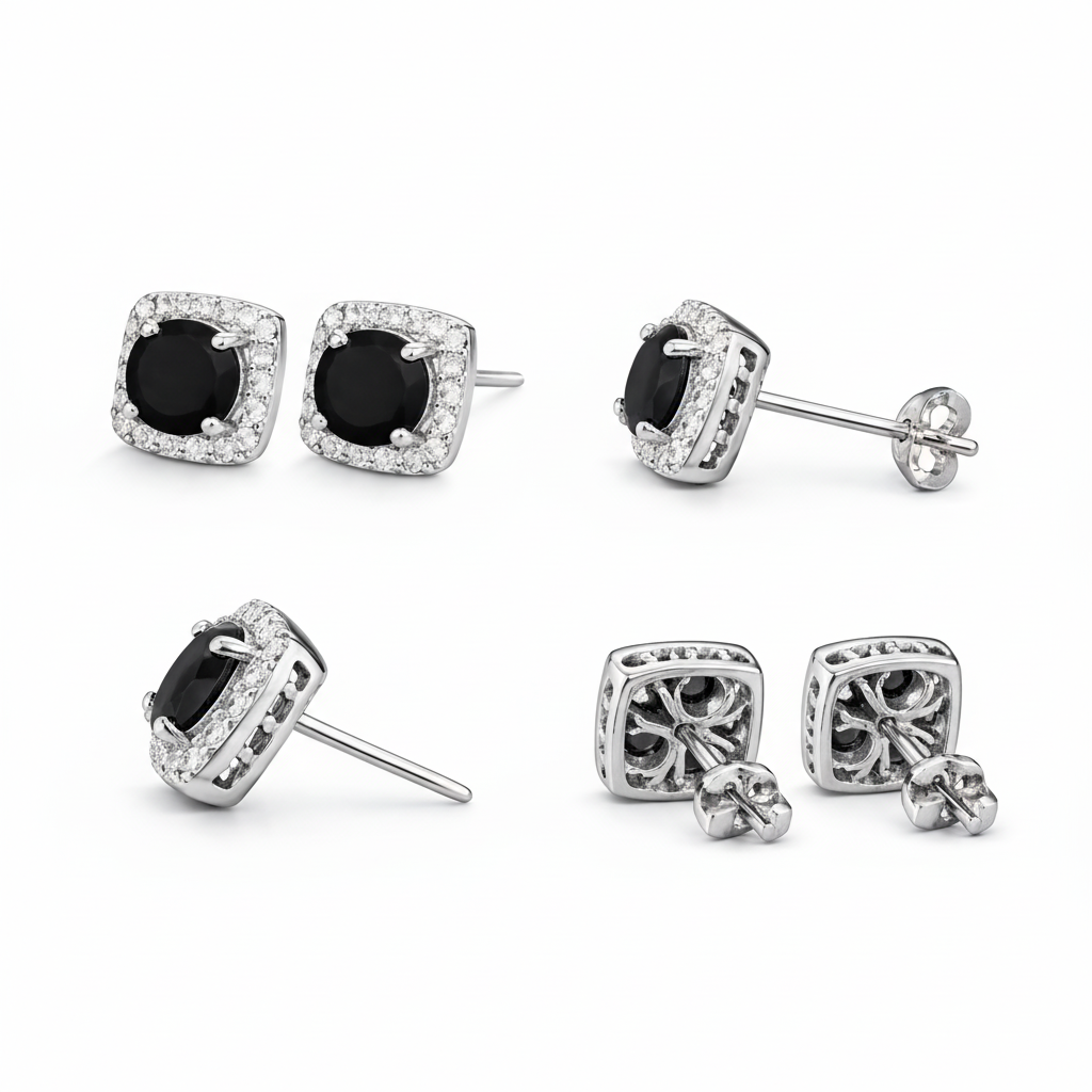 Pendientes Cuadrados en Oro Blanco con Ónix y Halo de Diamantes