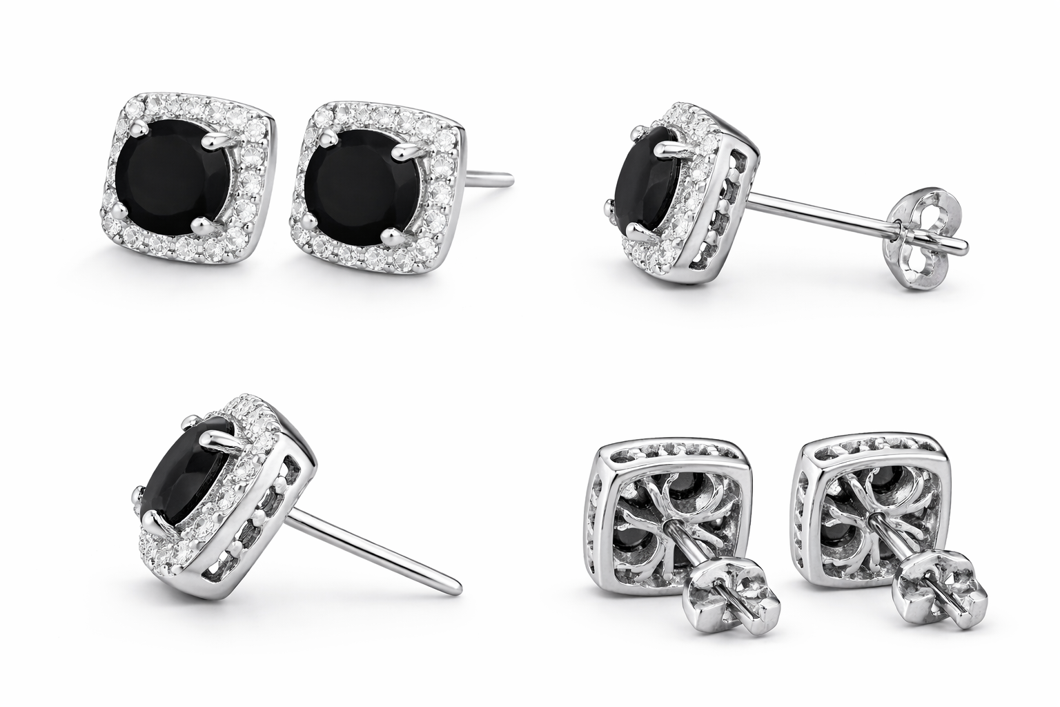 Pendientes Cuadrados en Oro Blanco con Ónix y Halo de Diamantes