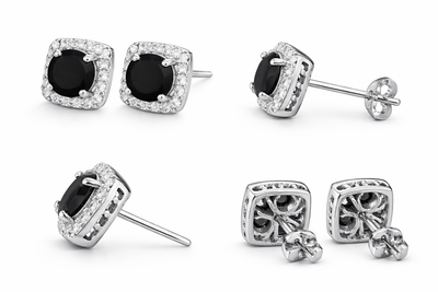 Pendientes Cuadrados en Oro Blanco con Ónix y Halo de Diamantes