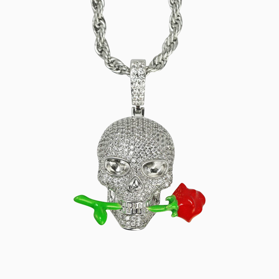 Colgante Luminoso Rose Skull VVS Moissanite + Plata 925 Oro Blanco