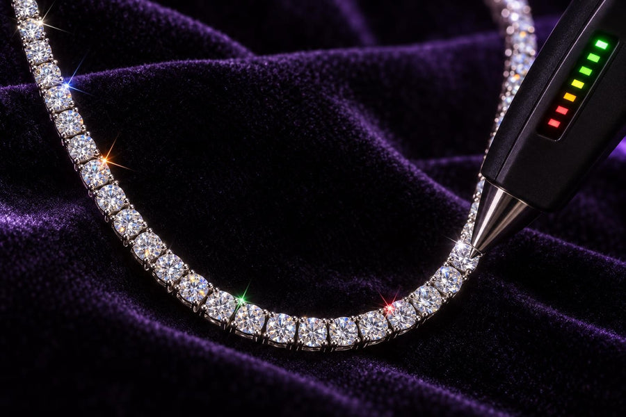 Detector de diamantes sobre una cadena de moissanita